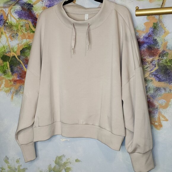 Oversized Neutral Beige Pullover Sweatshirt With Drawstrings & Ribbed Cuffs - Picture 5 of 8